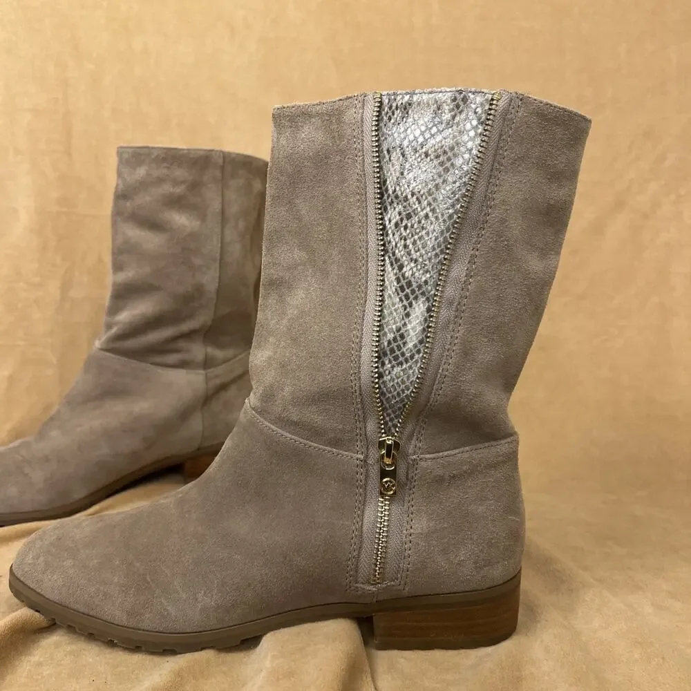 Michael Kors Tan Suede Booties With Peek A Boo Snake Skin Gold Zipper Sz 10 - Picture 2 of 9